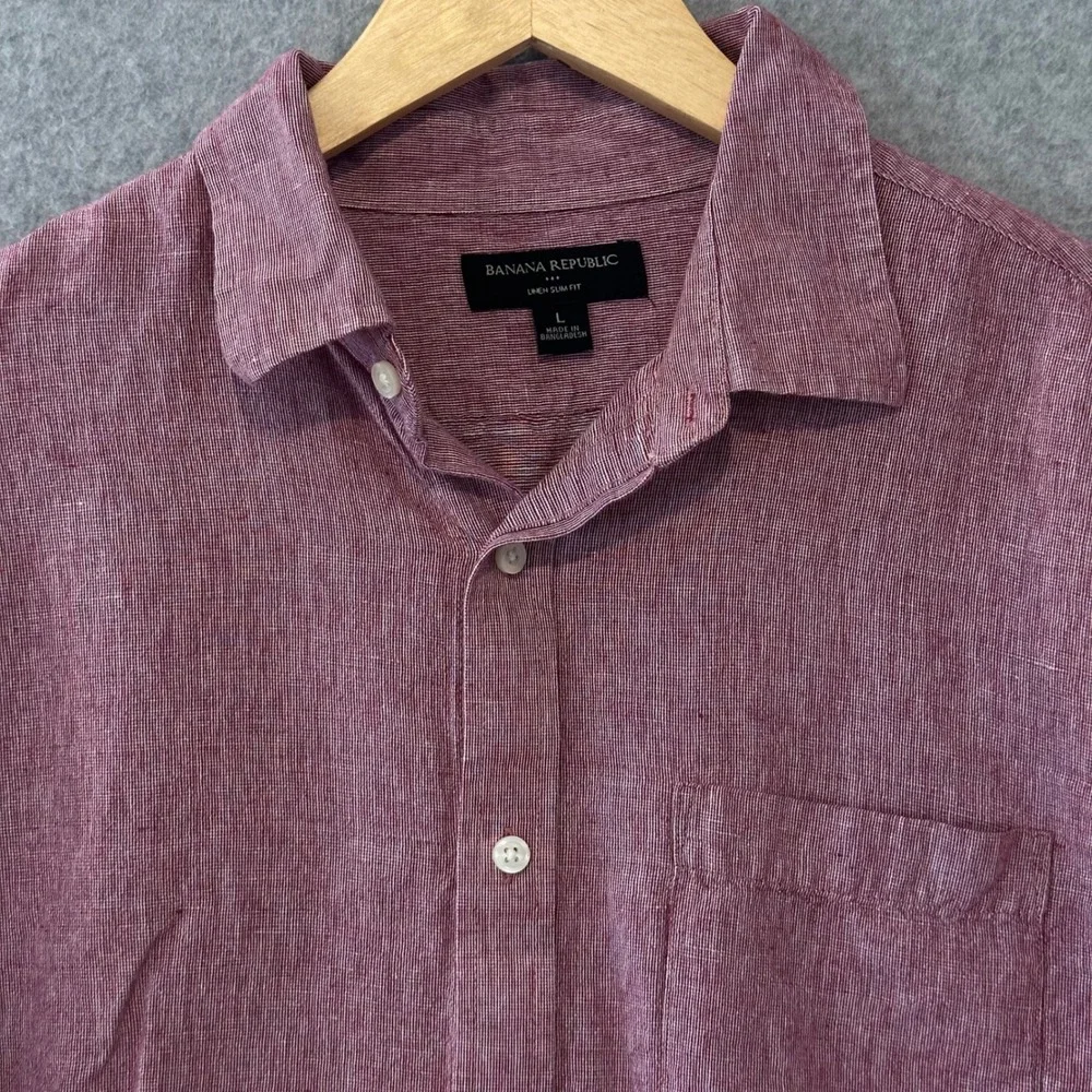 Banana Republic Mens Linen Slim Fit Shirt Long Sleeve Red Micro Stripe Large